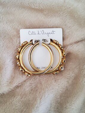 Cote D Argent Gold hoop earrings Cubic Zircona inlaid